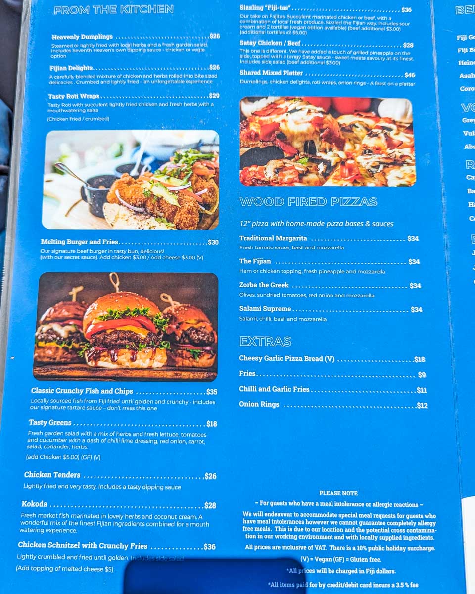 A food menu at Seventh Heaven Fiji Floating Platform