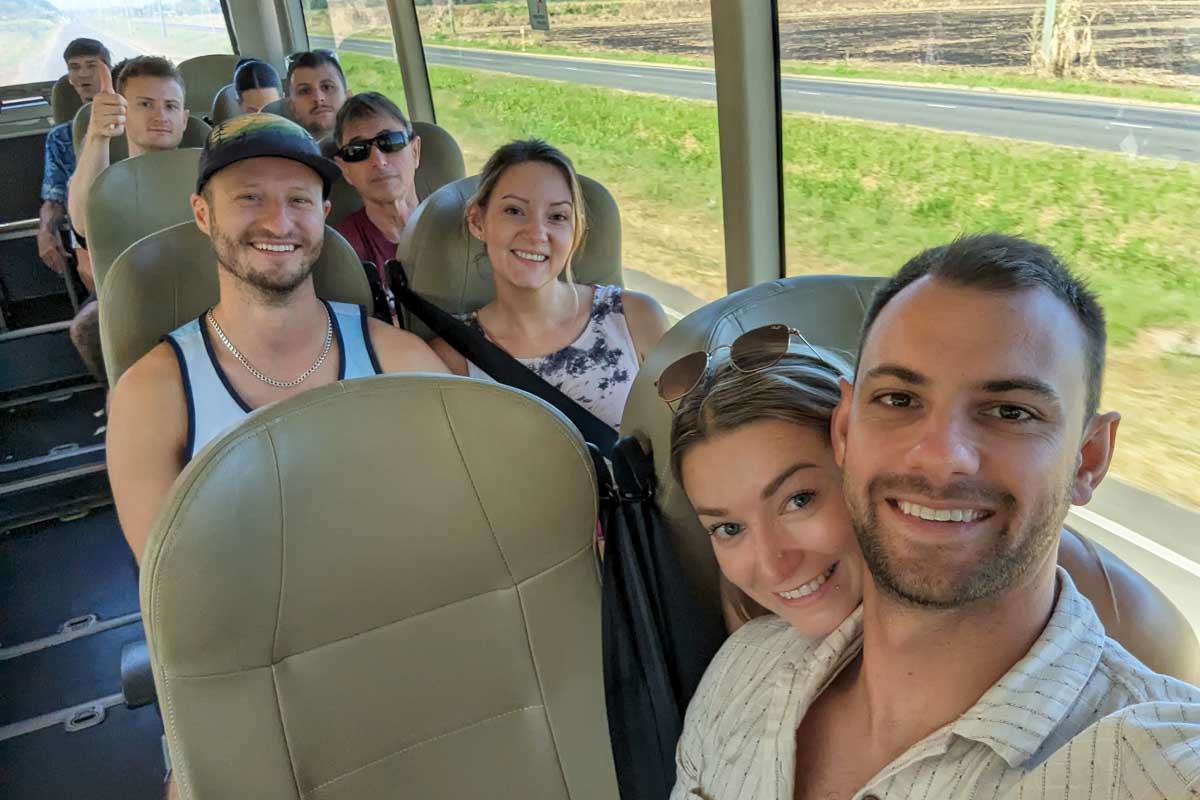 Bailey, Daniel and friends on a bus taking a selfie Fiji