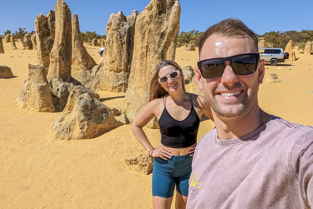Bailey and Daniel take a selfie by a pinnacle Australia