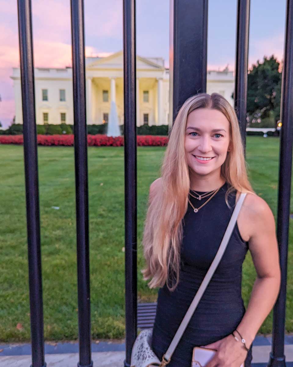 Bailey poses for a photo out the front of the White House in Washington DC