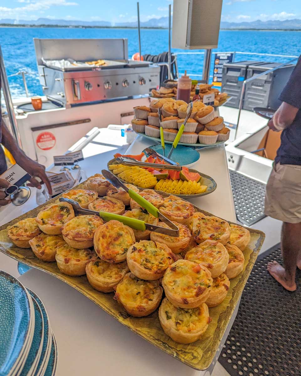 Breakfast on the sabre catamaran is vegitarian quiche served on a tray Fiji