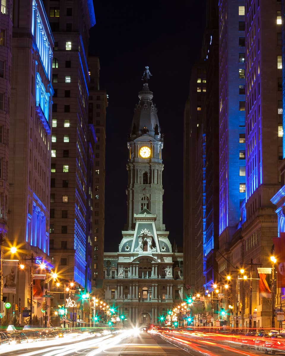 City Hall from the street at night in Philadelphia, USA