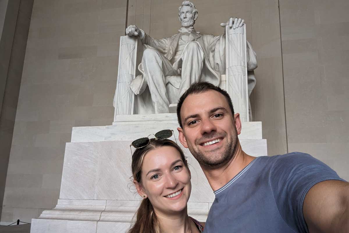 Daniel and Bailey take a selfie at the Abraham Lincoln Memorial in Washington DC
