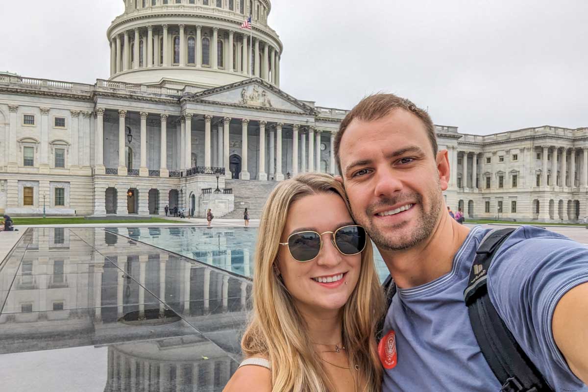 Daniel and Bailey take a selfie outside the United States Capitol in Washington DC, USA