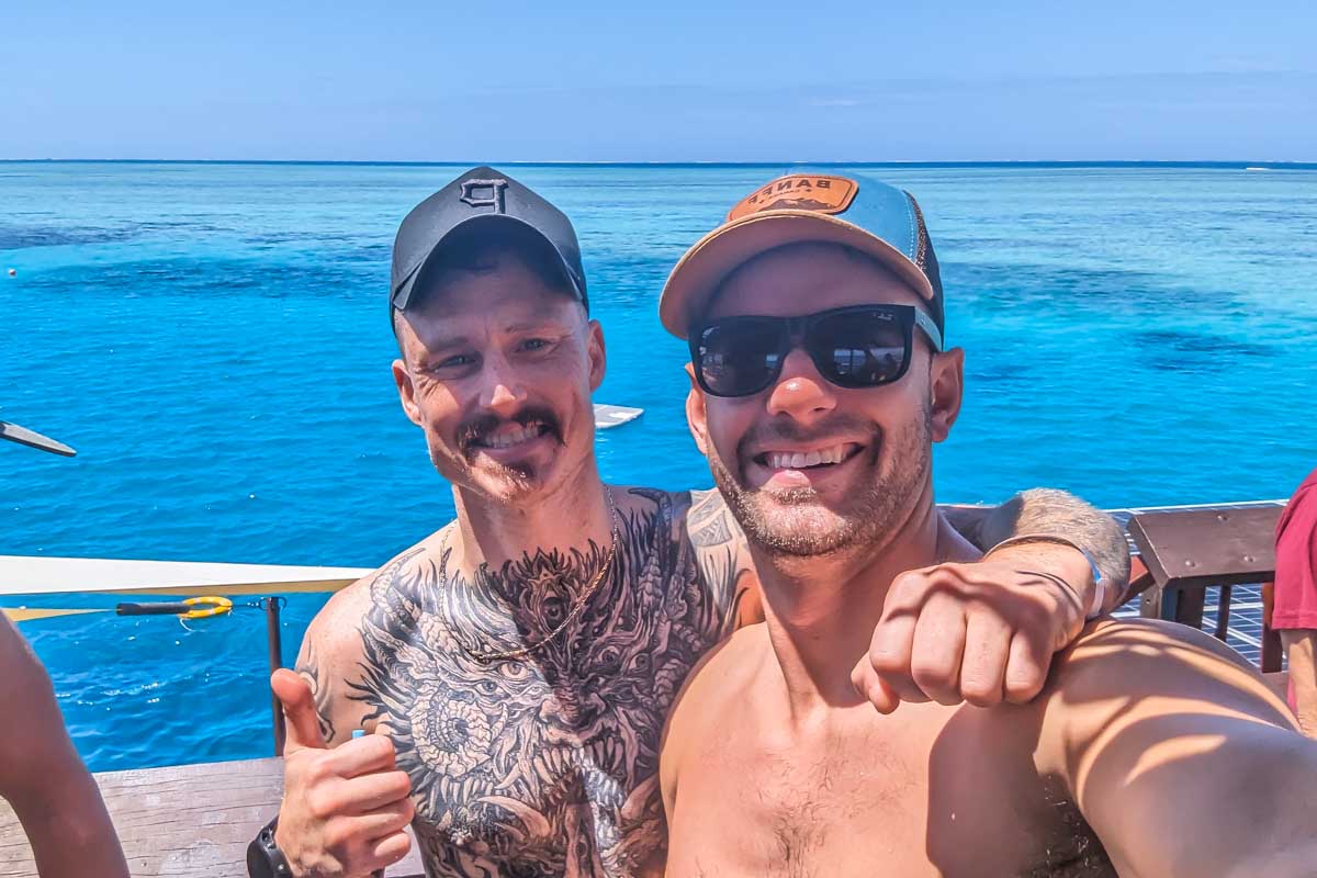 Daniel takes a selfie with his friend on Seventh Heaven Fiji floating platform