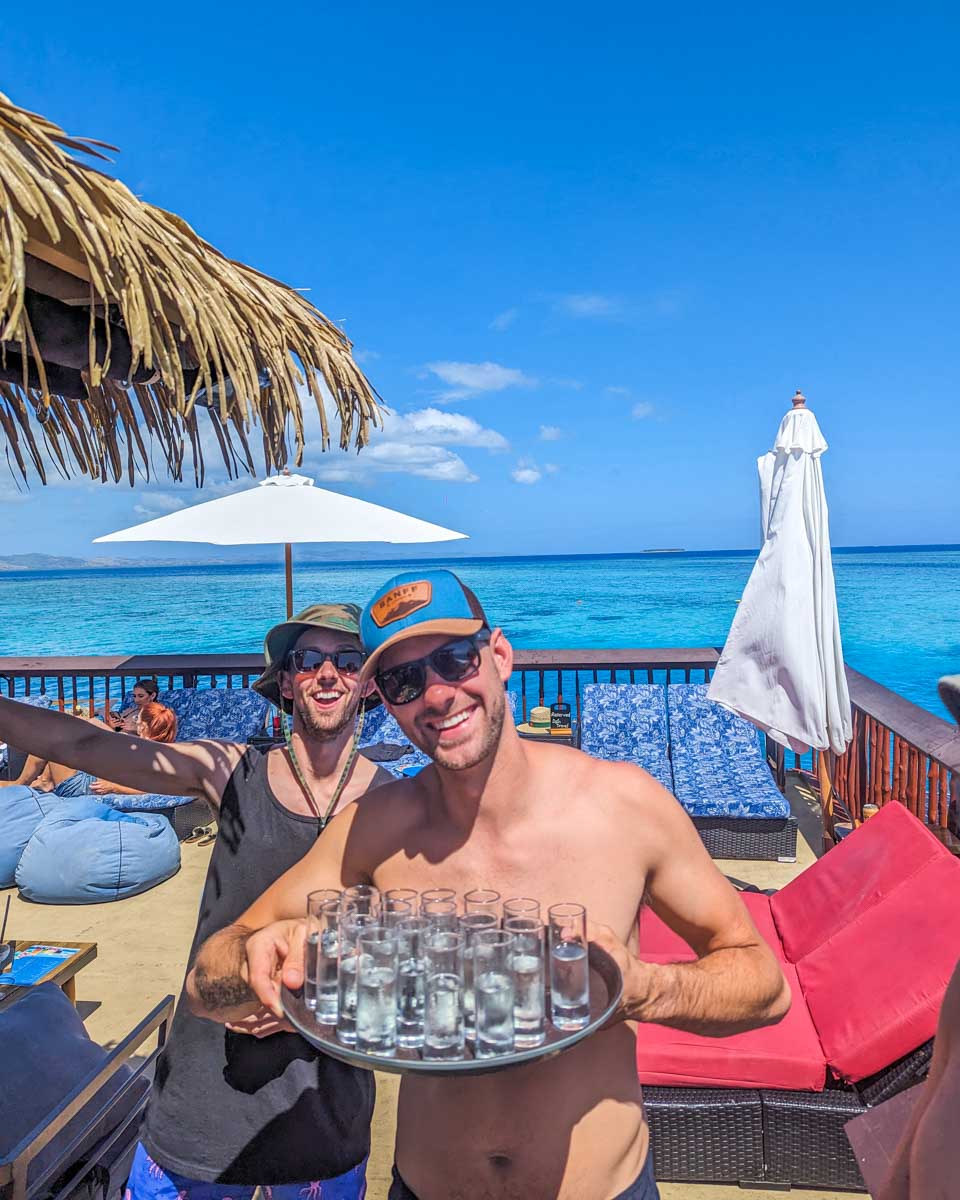 Daniel with a round of shots on Seventh Heaven Fiji Floating Platform