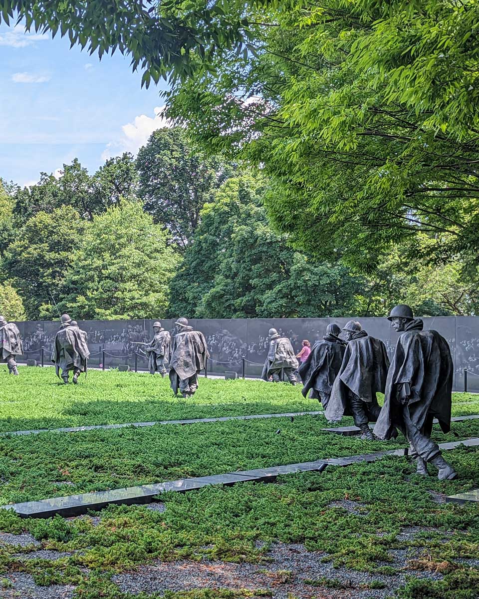 Grassed area with statues at the Korean War Veterans Memorial in Washington DC