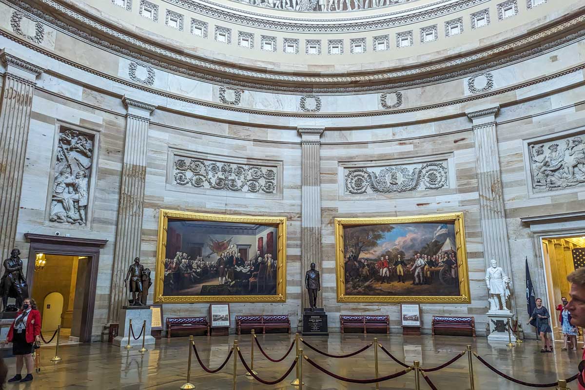 Huge paintings on the wall inside the United States CapitolĀ