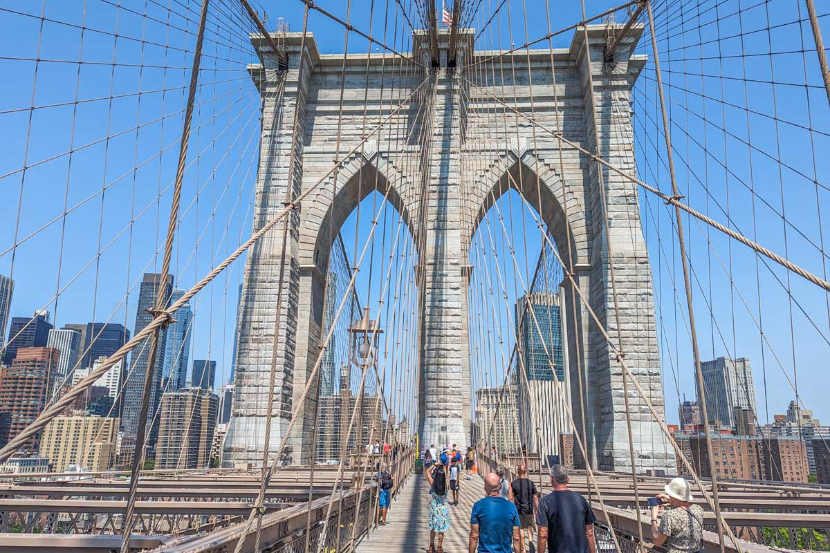 One of the Brooklyn Bridge towers as seen from the Brooklyn Bridge Walkway in New York City