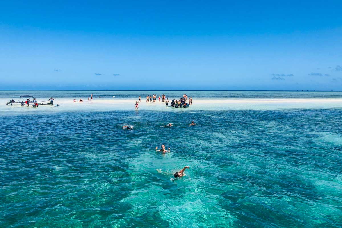 People swim around a sandbar on the Cruisin Fiji - Authentic Fijian Day Cruise