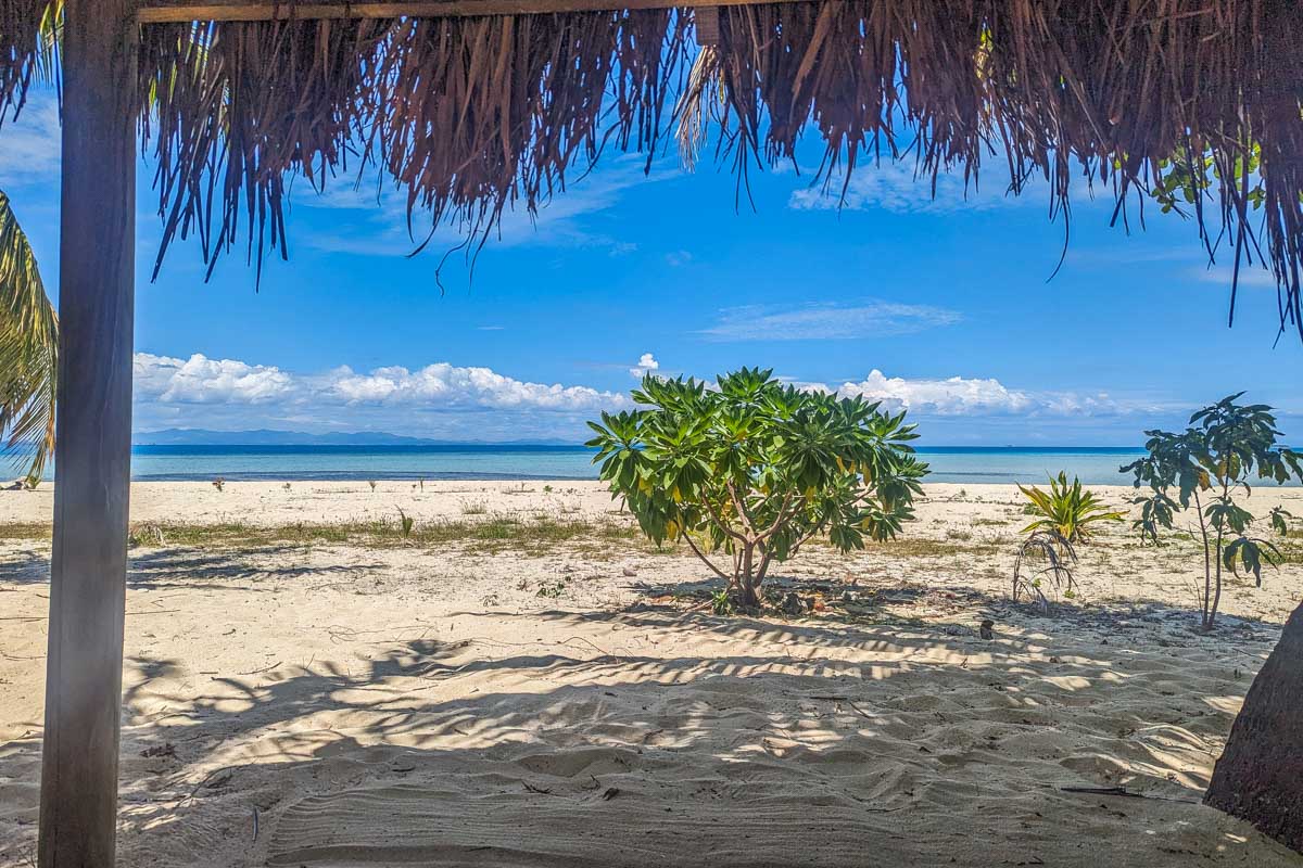 Sitting in one of the shaded cabanas on Tivua Island in Fiji