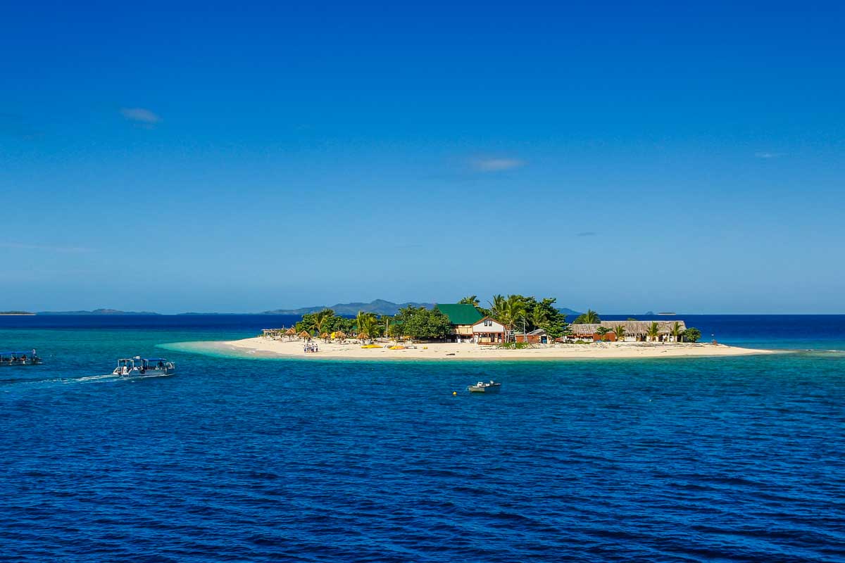 Wide angle shot as we arrive at South Sea Island, Fiji
