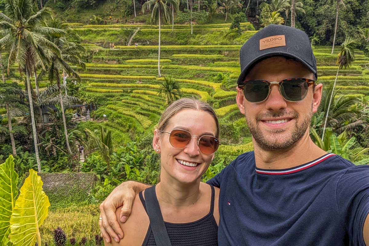 Bailey and Daniel take a selfie at the Tegalalang Rice Terrace in Ubud, Bali