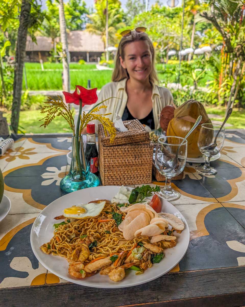 Bailey enoys lunch at Bebek Tapi Sawah Restaurant in Ubud Bali