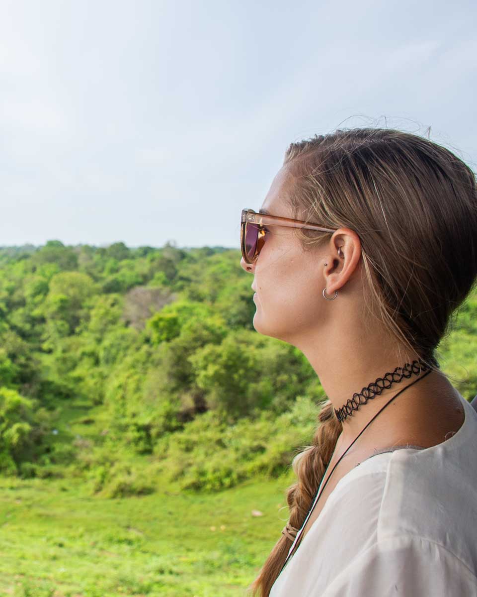 Bailey looks out of a jeep in Udawalawe National Park, Sri Lanka