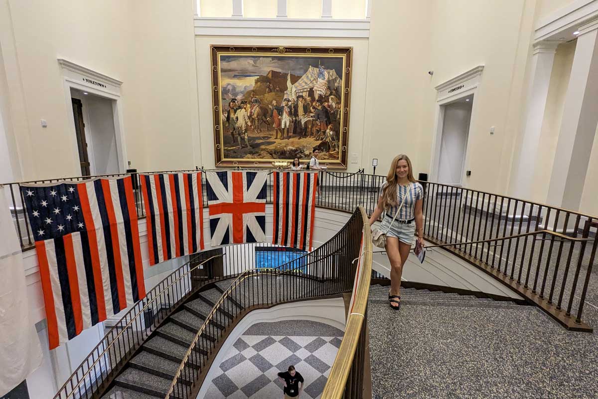Bailey walking up the stairs at museum of the american revolution