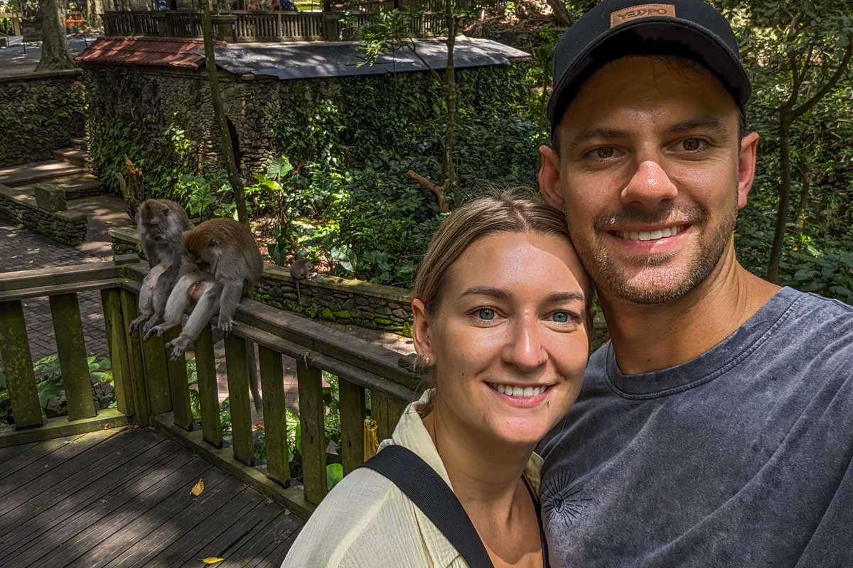 Daniel and Bailey take a selfie at the Ubud Monkey Forest in Bali