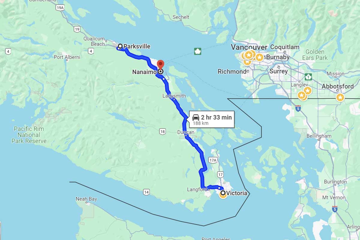 Map of 3 day road trip on Vancouver Island