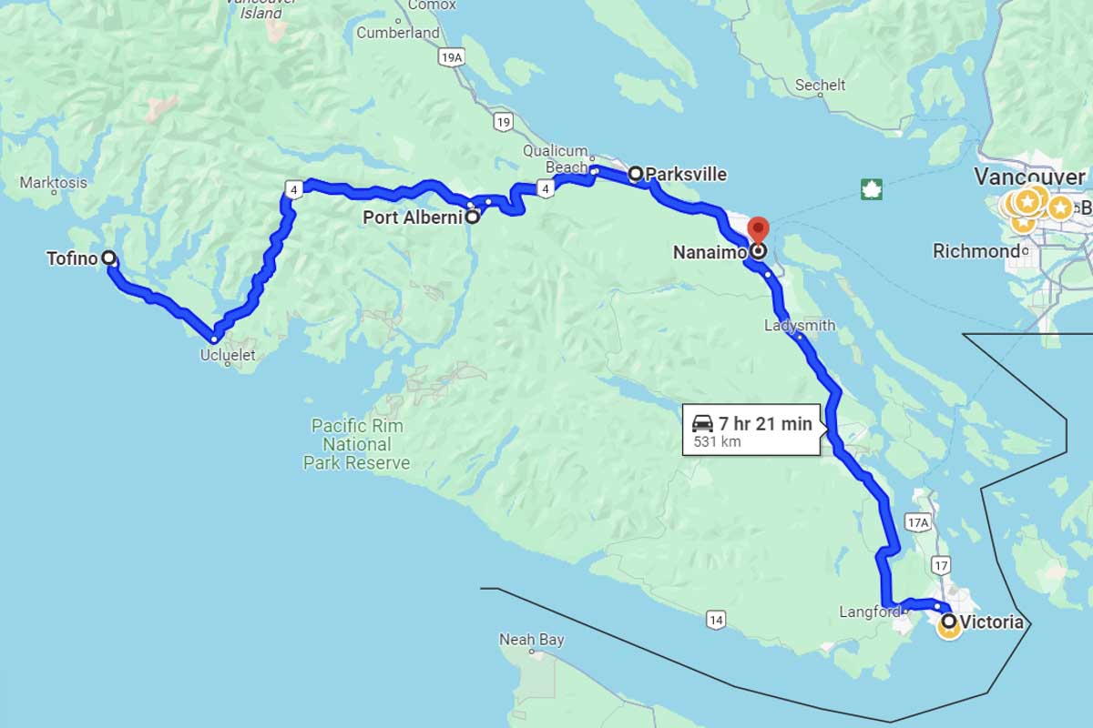Map of 7 day road trip on vancouver Island