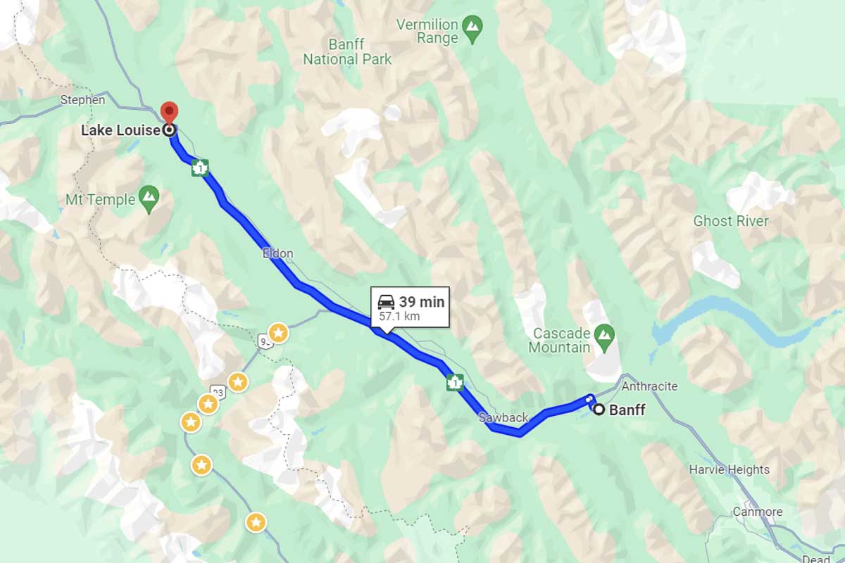 Map showing the distance between Banff and Lake Louise