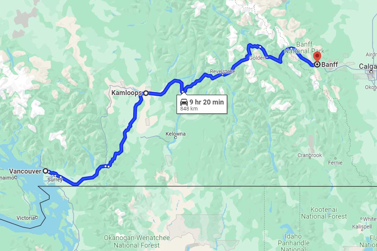 Map showing the drive from Vancouver to Banff
