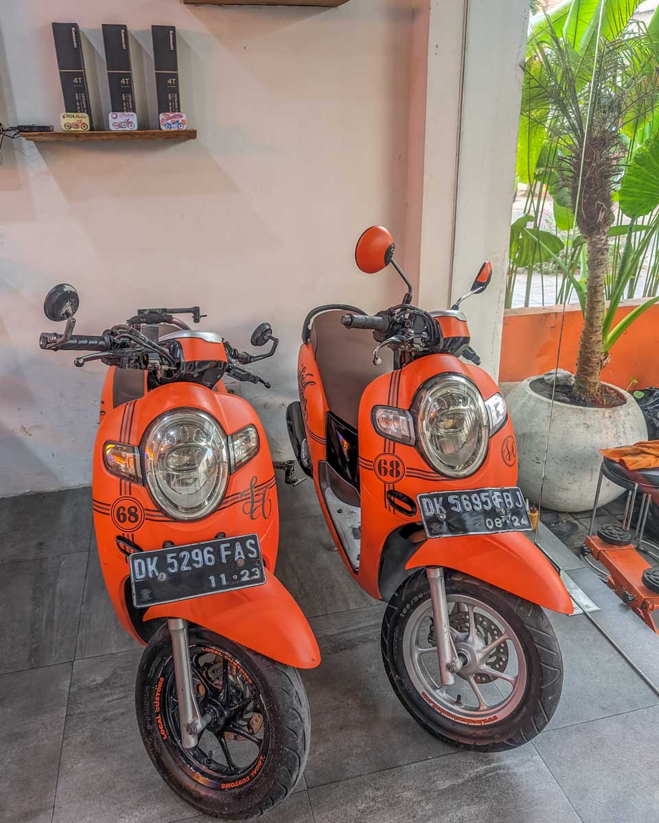 Two rental scooter at a rental shop in Bali