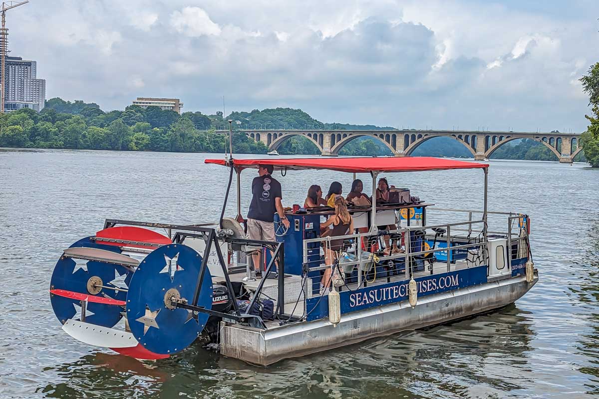 A tiki boat on the river in Washington DC, USA