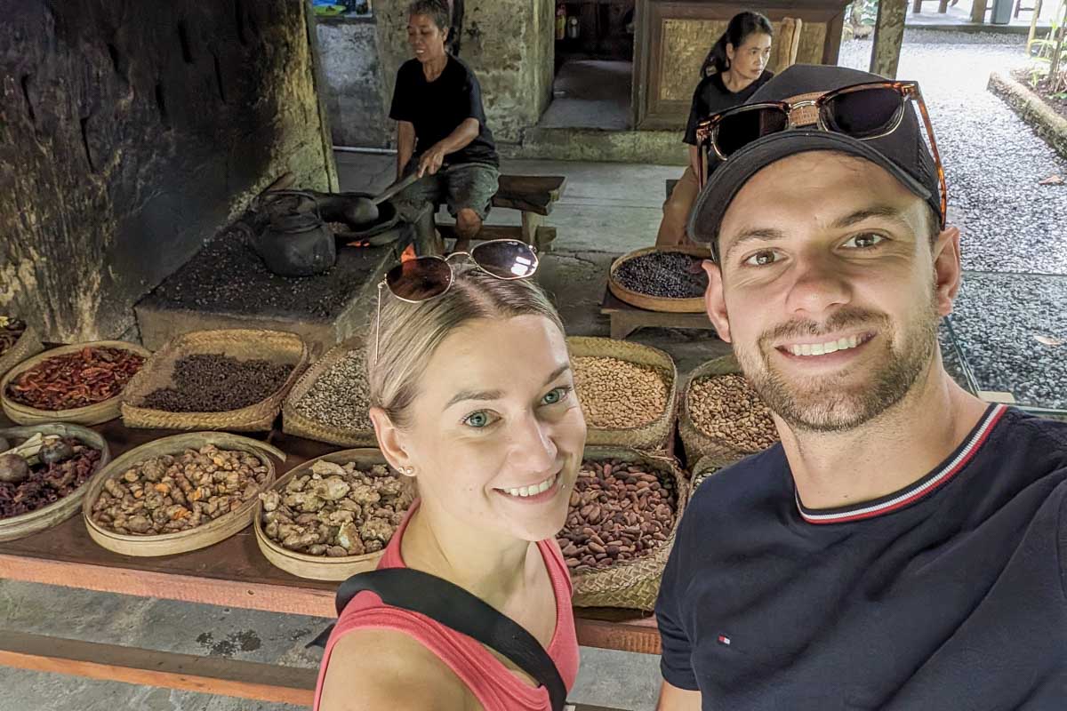 Bailey and Daniel smile for a selfie at the Uma Pakel coffee plantation on the instagram tour bali