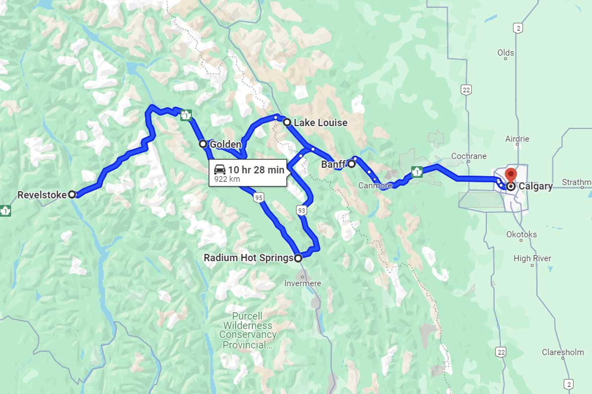 Calgary to Banff to Radium Hot Springs to Golden to Revelstoke to Lake Louise back to Calgary roadtrip map