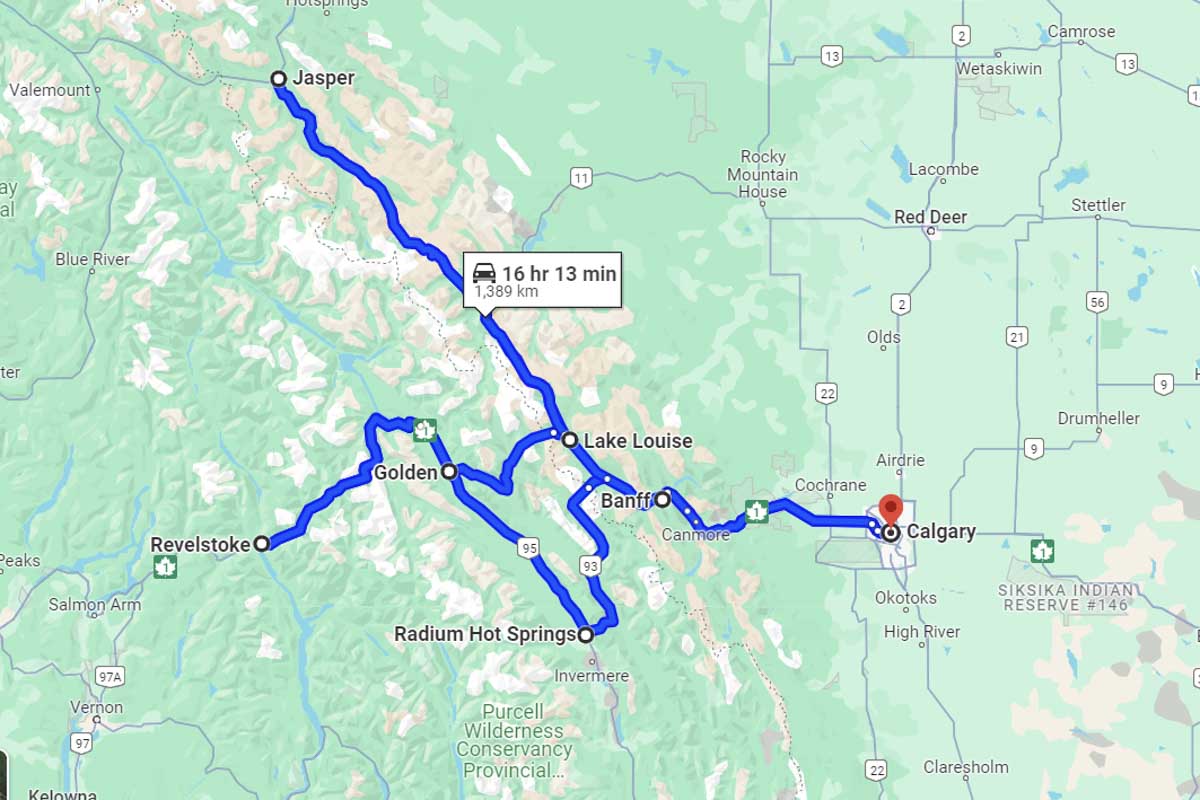 Calgary to Banff to Radium Hot Springs to Revelstoke to Golden to Lake Louise to Jasper back to Calgary roadtrip map