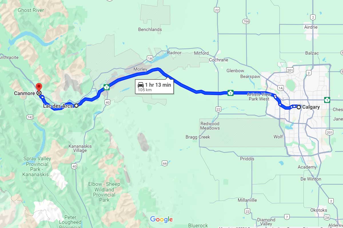 Calgary to Canmore road trip map Canada