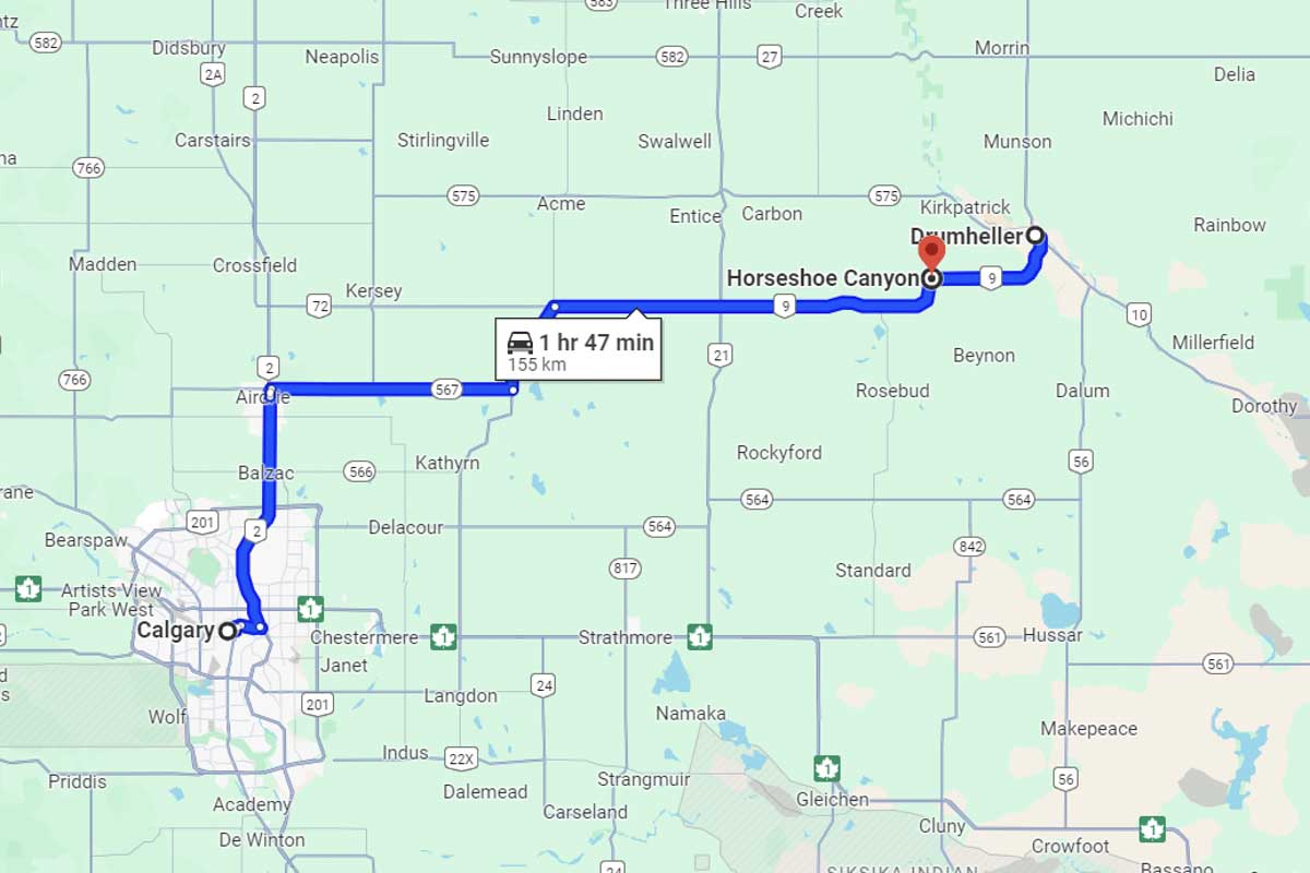 Calgary to Drumheller roadtrip map