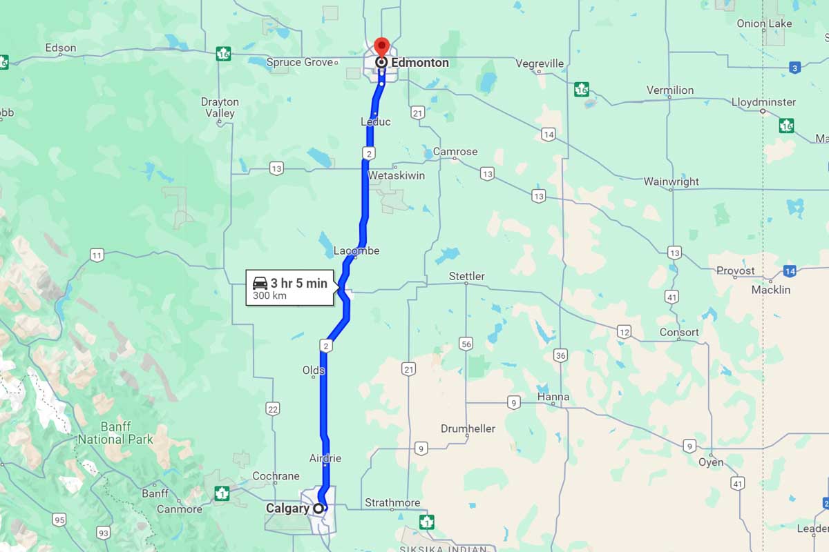 Calgary to Edmonton road trip map Canada