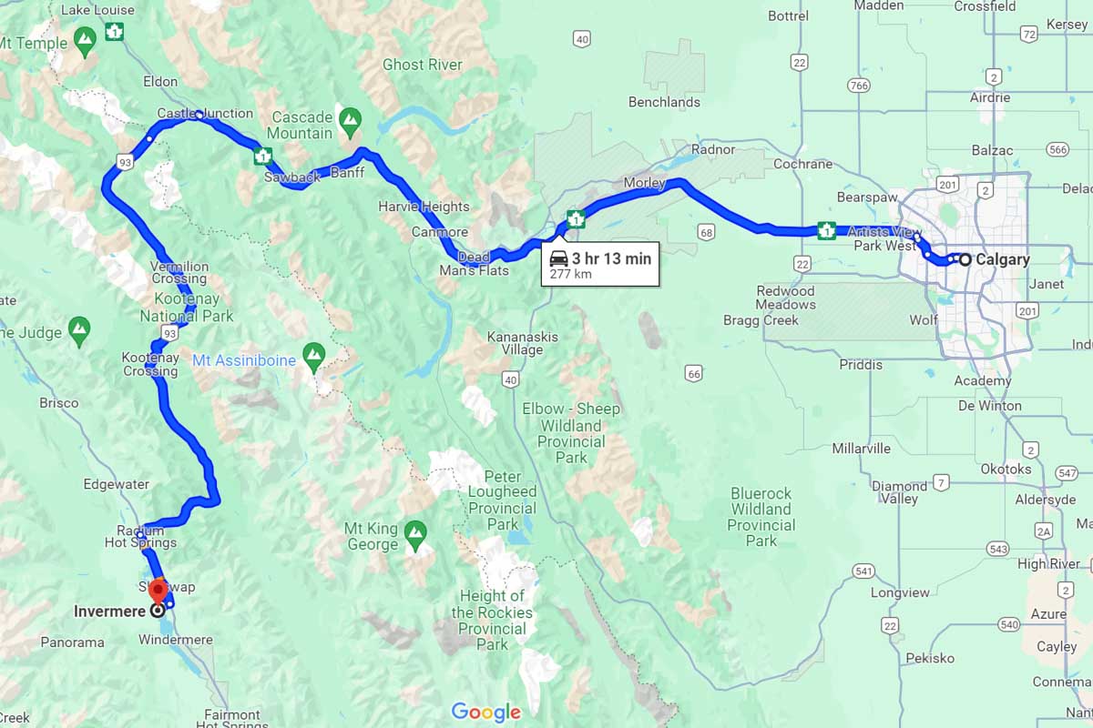 Calgary to Invermere road trip map Canada