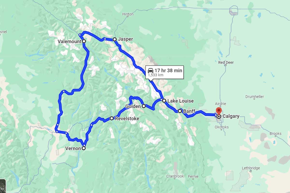 Calgary to Jasper to Valemount to Vernon to Revelstoke to Golden to Lake Louise to Banff back to Calgary roadtrip map