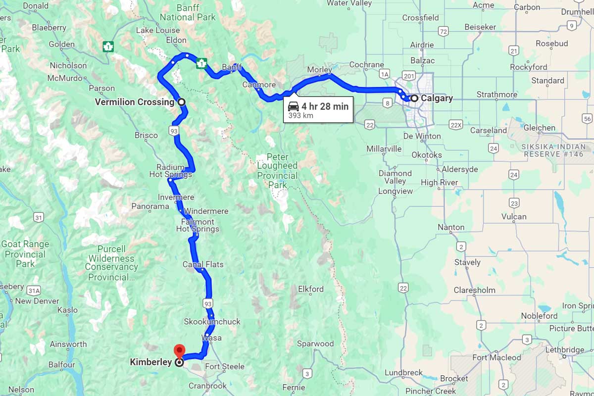 Calgary to Kimberley road trip map Canada