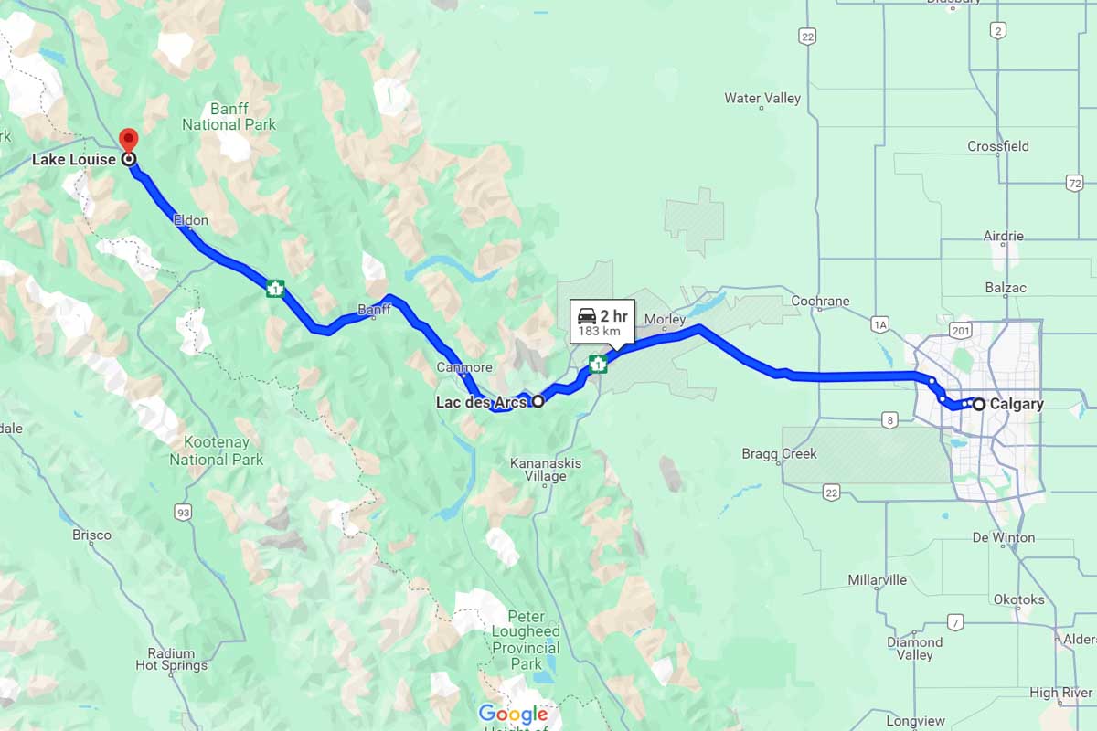 Calgary to Lake Louise road trip map Canada