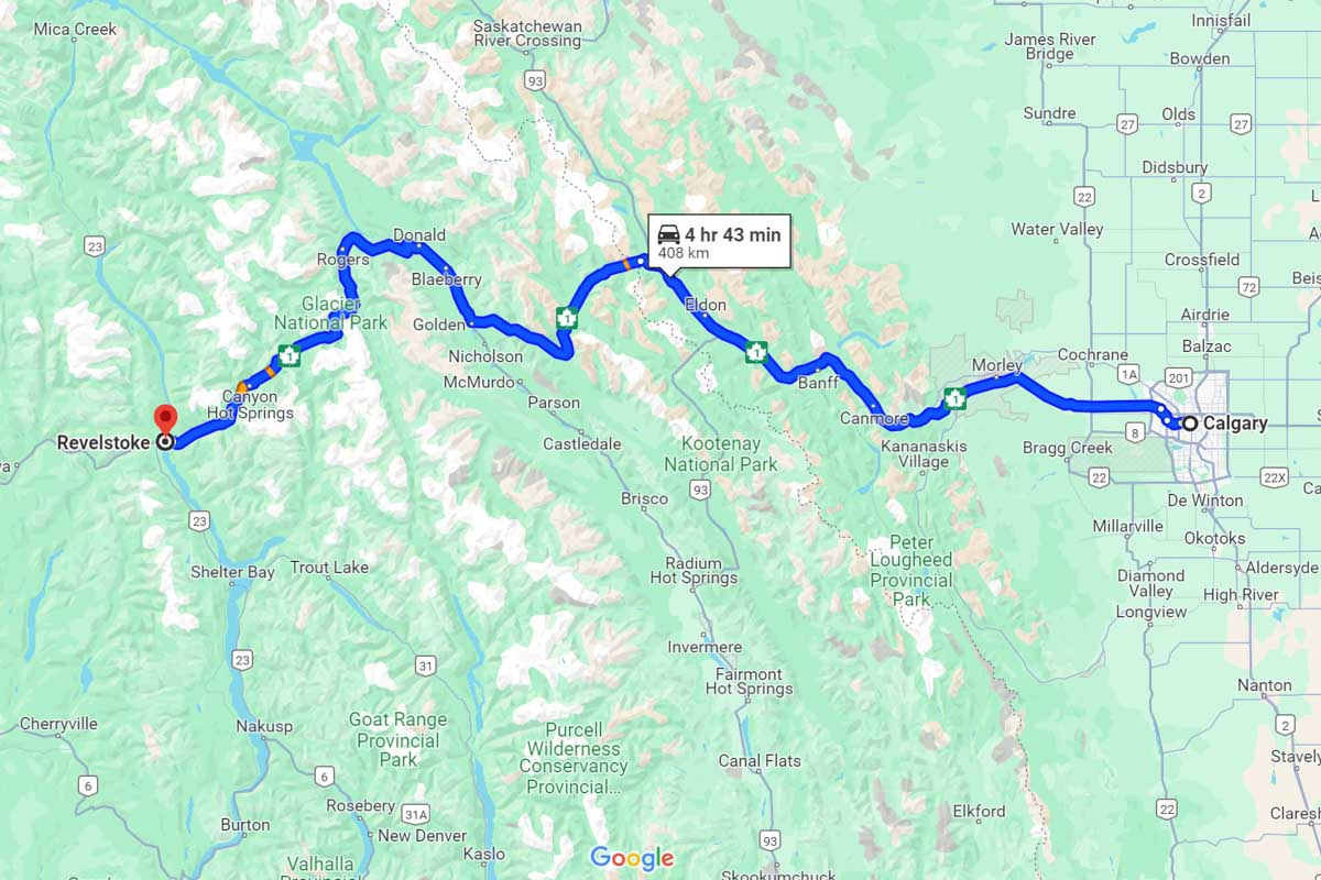Calgary to Revelstoke road trip map Canada