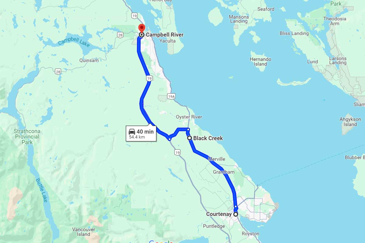 Courtenay to Campbell River road trip map Canada
