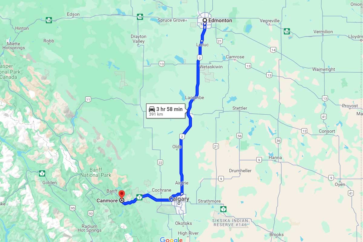 Edmonton to Canmore road trip map Canada