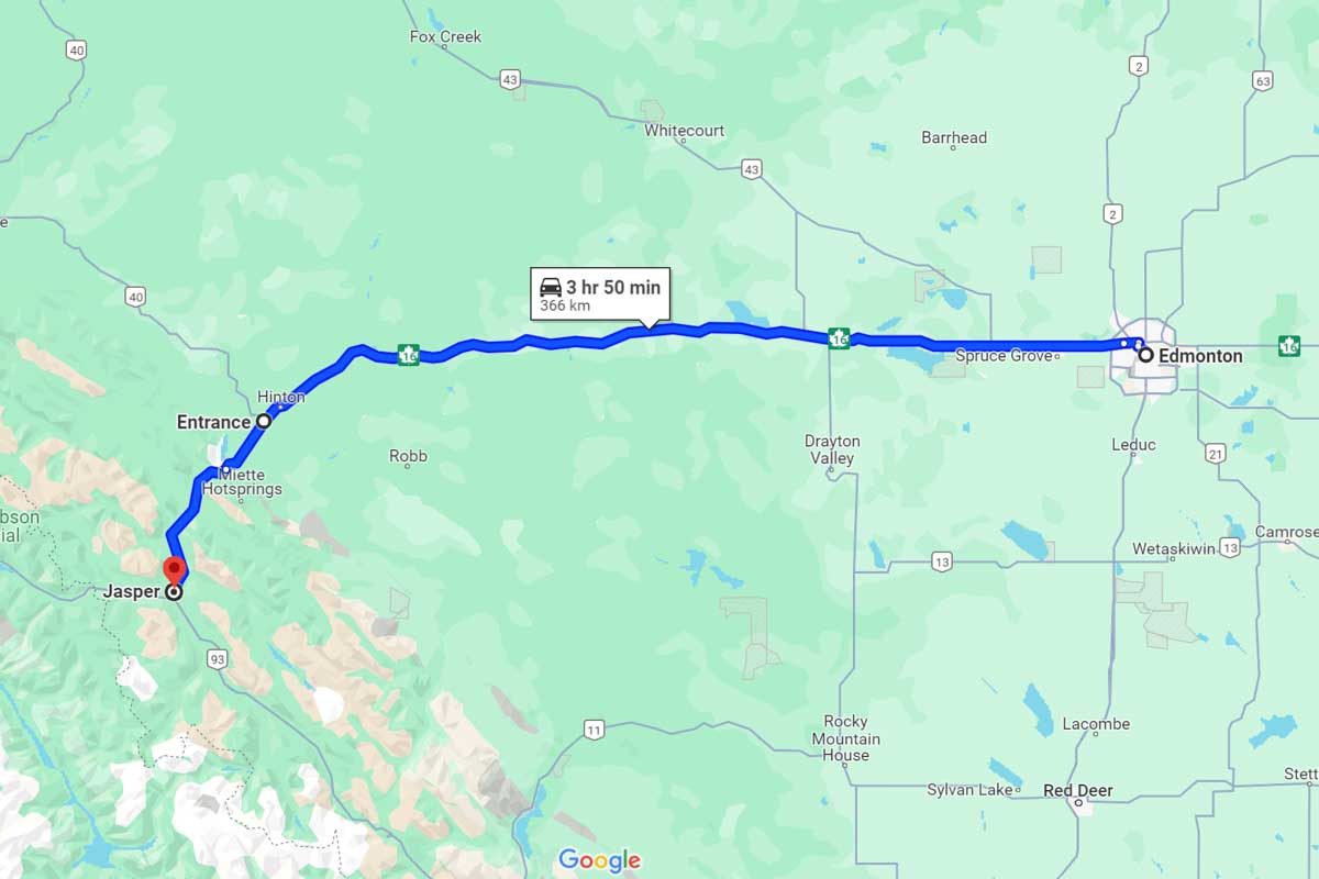 Edmonton to Jasper road trip map Canada