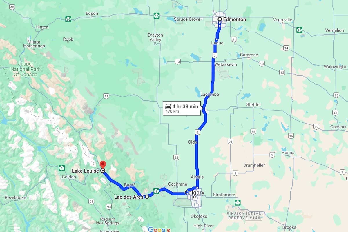 Edmonton to Lake Louise road trip map Canada
