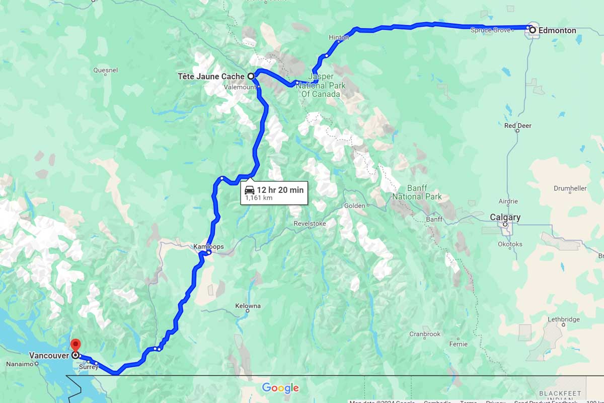 Edmonton to Vancouver road trip map Canada