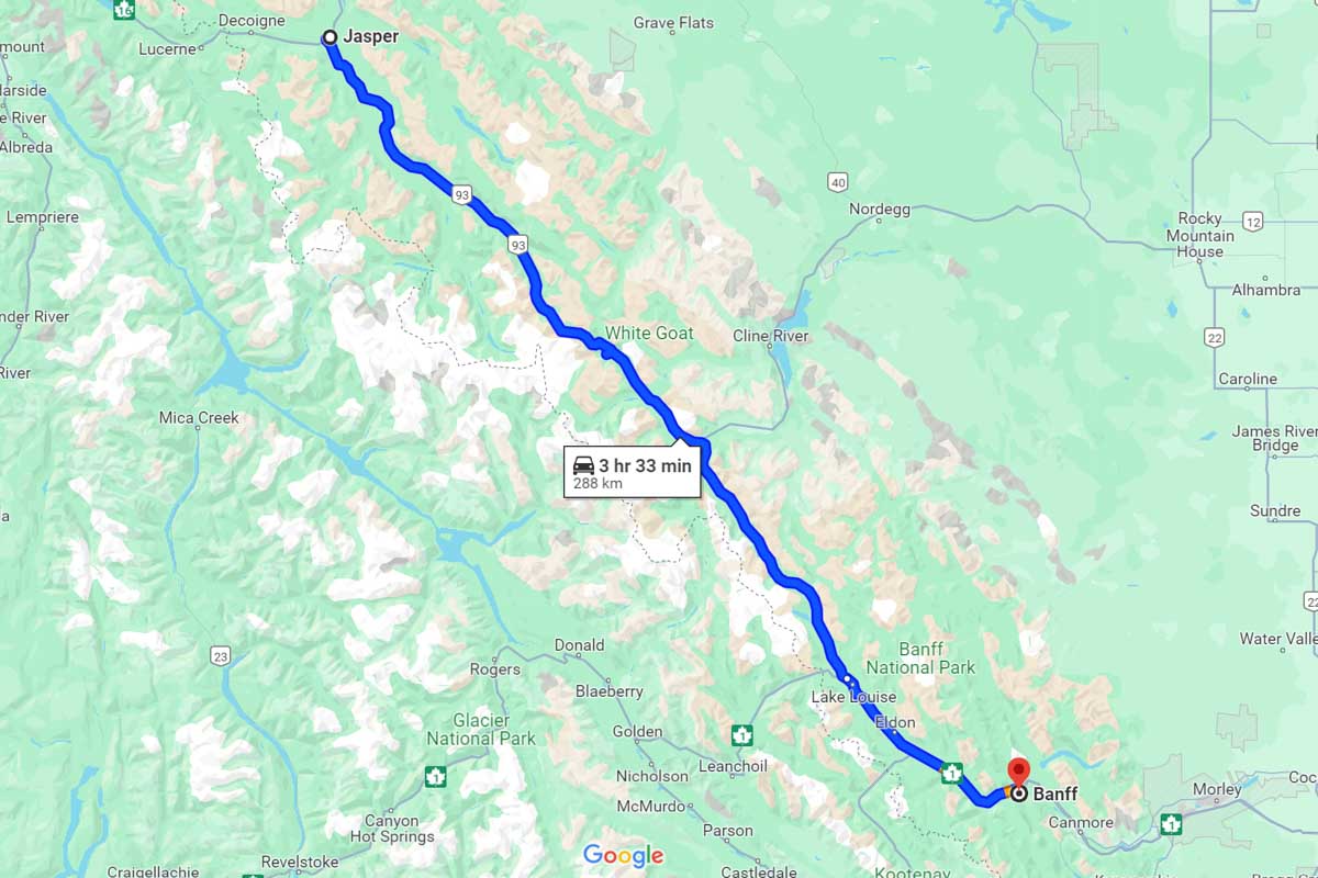 Jasper to Banff road trip map Canada