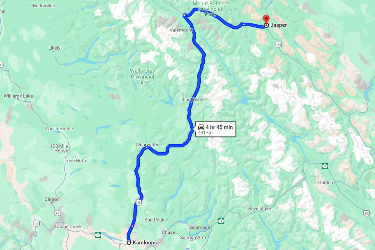 Kamloops to Jasper road trip map Canada