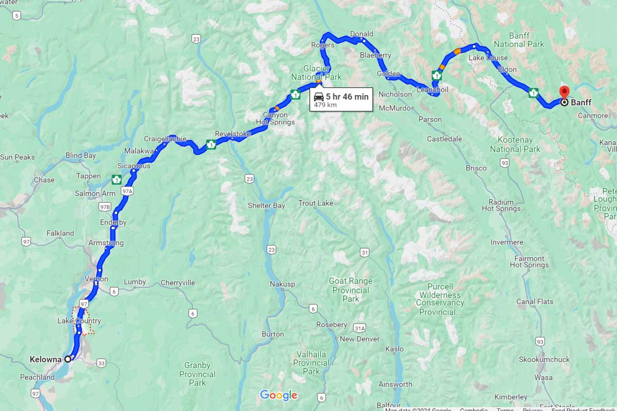 Kelowna to Banff road trip map Canada