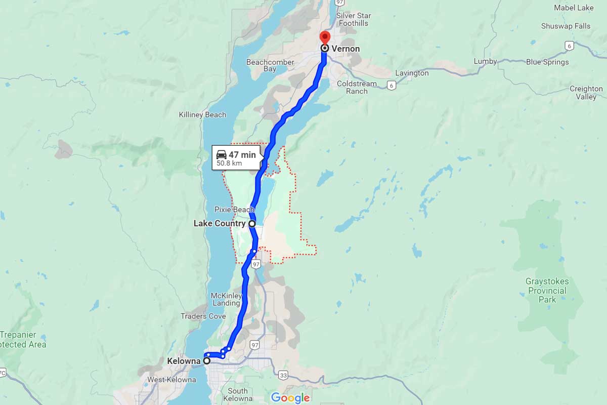 Kelowna to Vernon road ttrip map Canada