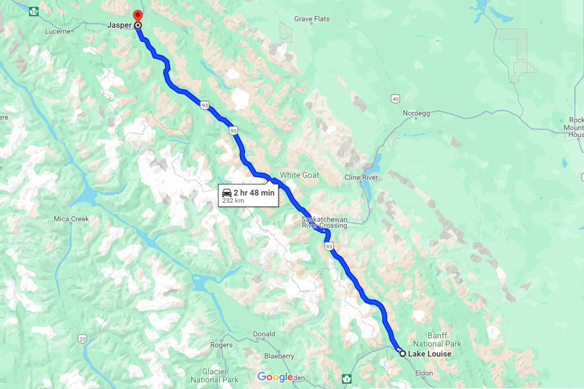 Lake Louise to Jasper road trip map Canada