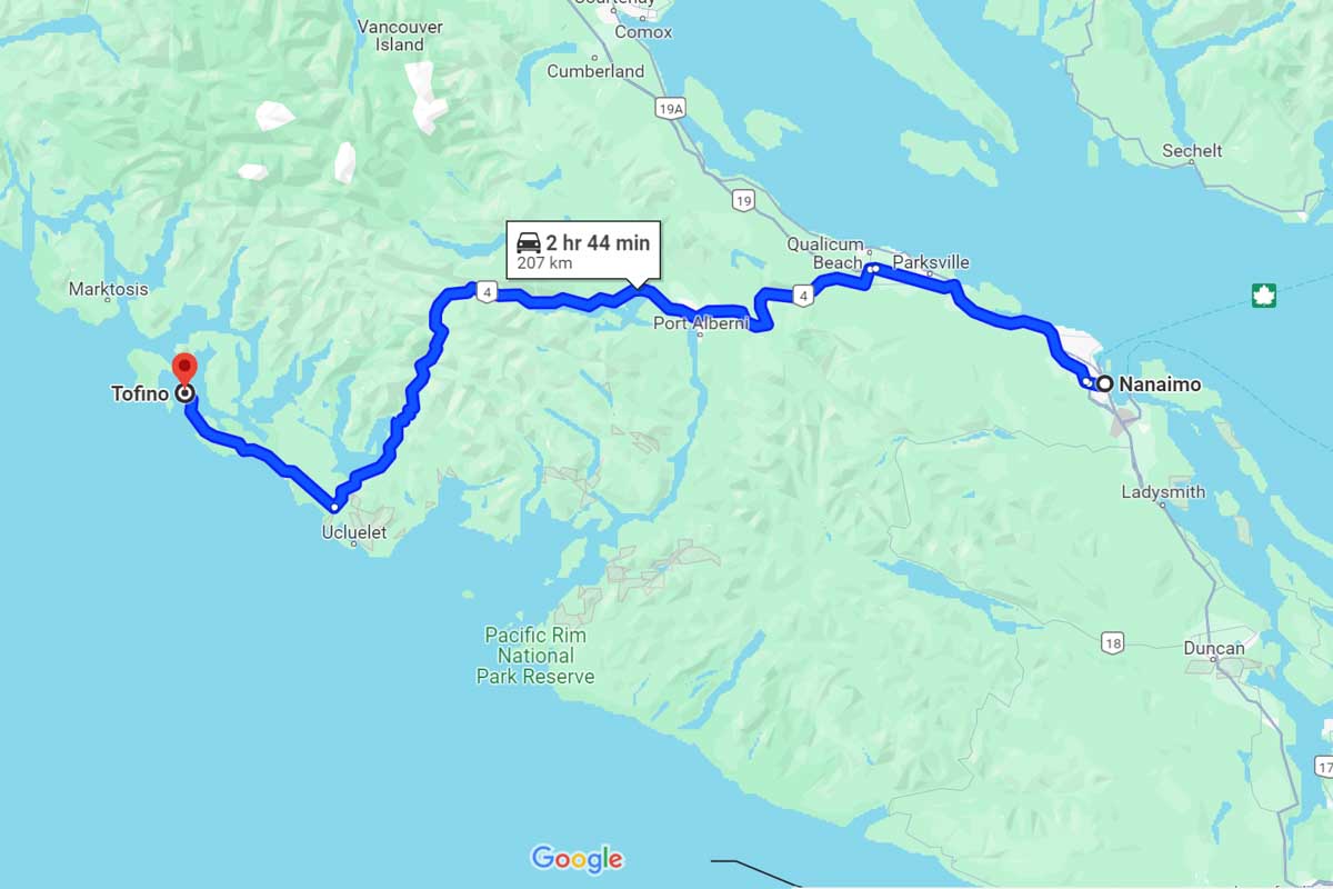 Nanaimo to Tofino road trip map Canada