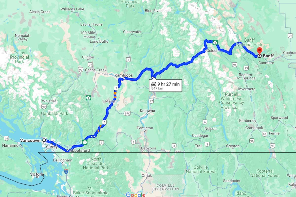 Vancouver to Banff road trip map Canada